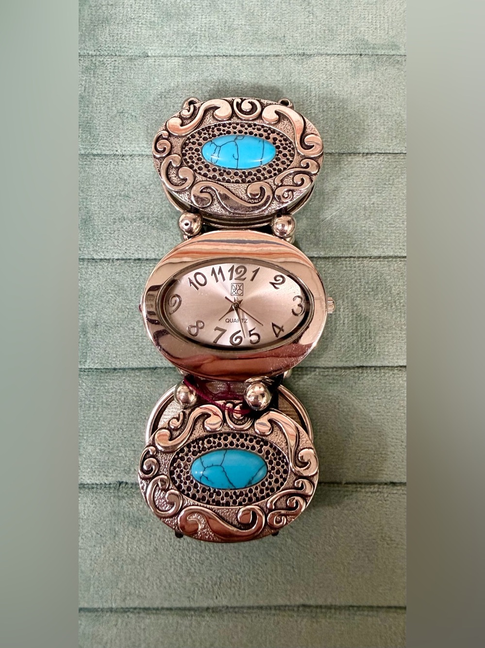 New York & Company Silver-Tone Stretchy Bracelet Watch with Turquoise Accents